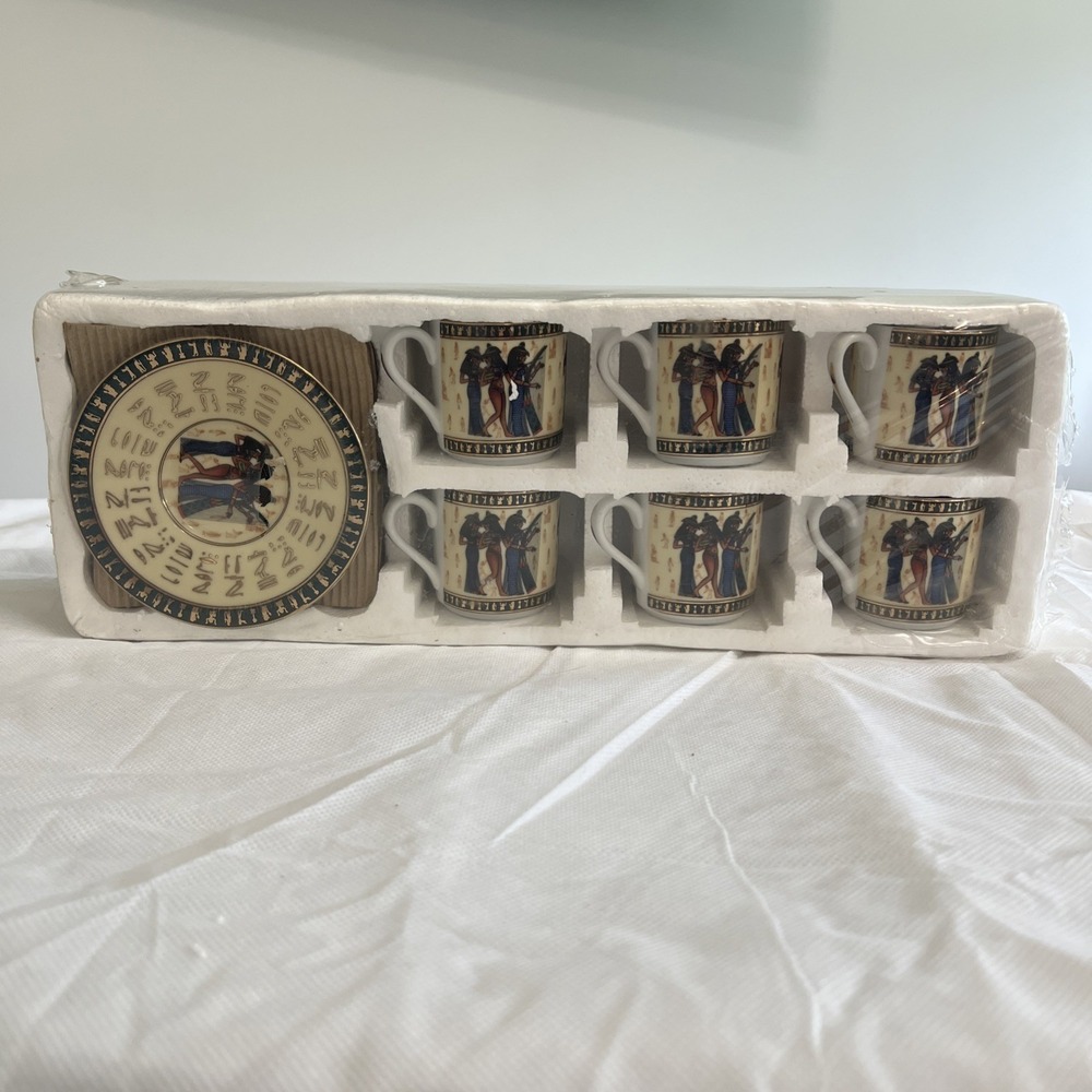 Fathi Mahmoud Egyptian Coffee Tea Cup Saucer Set Of 6 Hieroglyphics Pharaoh Vtg